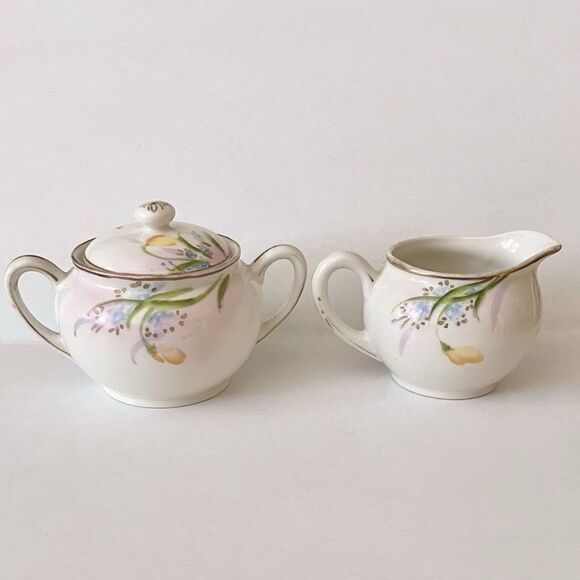 Antique Nippon Hand Painted Yellow Daffodil Creamer Lidded Sugar Set - Picture 3 of 16